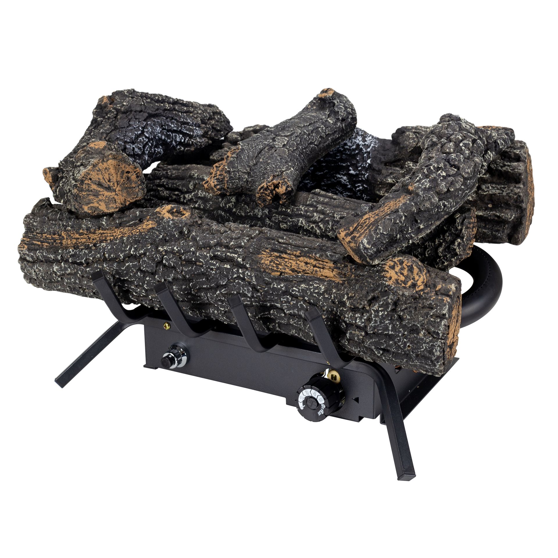 Gas fireplace logs in a black grate, with two control knobs.
