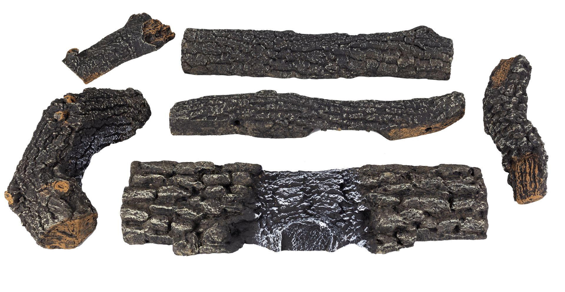Realistic, black resin fireplace logs and brick surround, set against a white background.