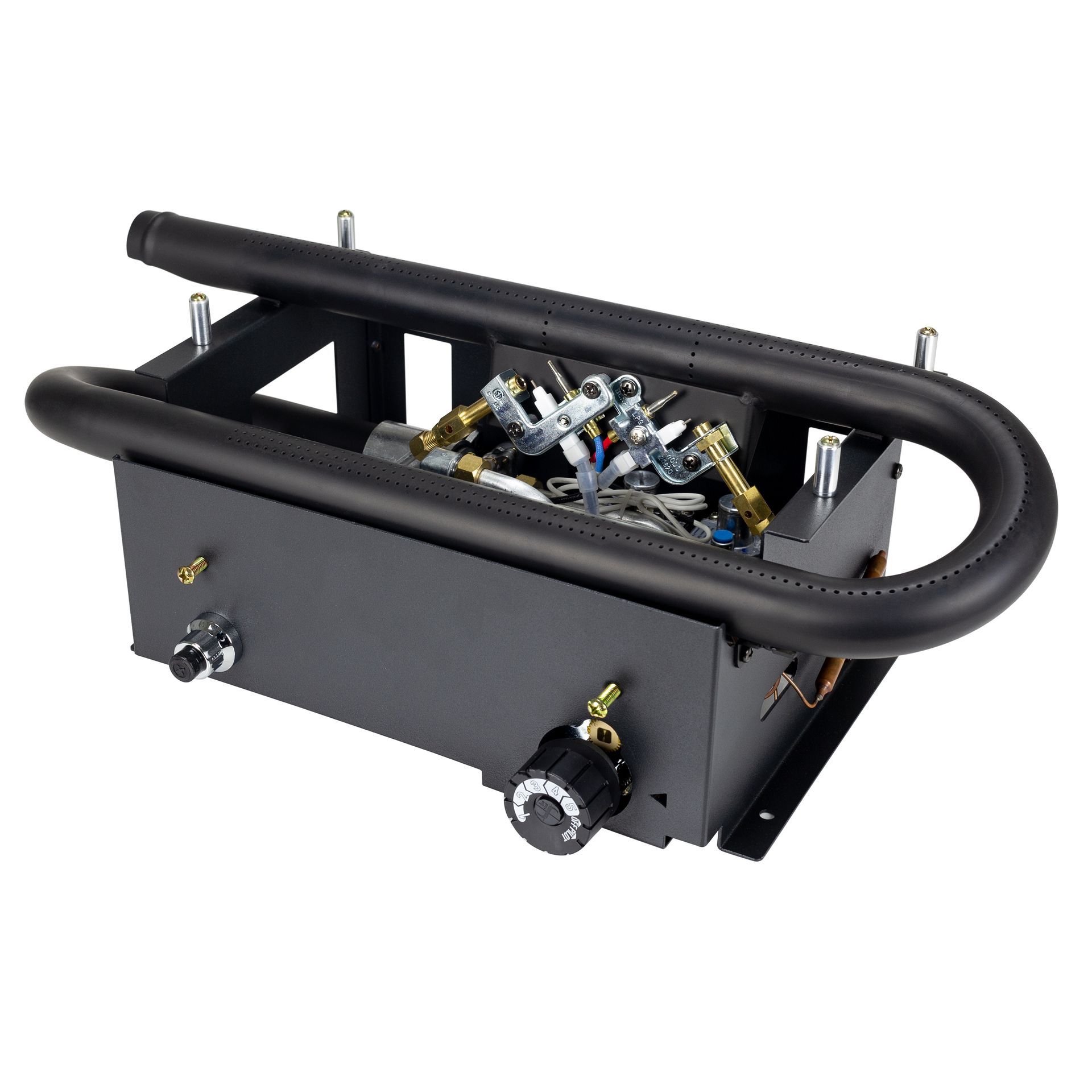 Black gas fireplace burner unit with a circular burner tube and control knob.