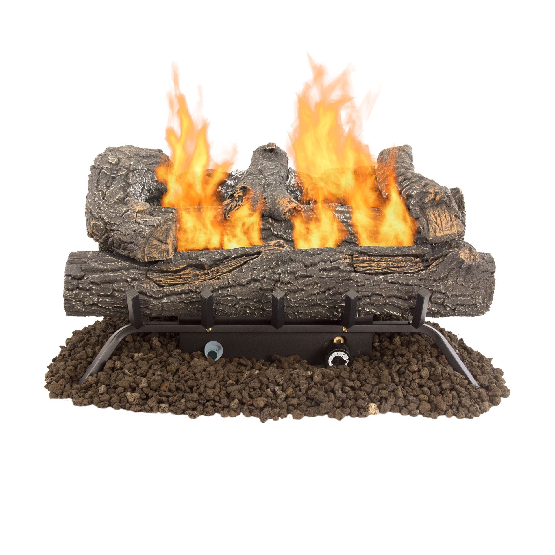 Gas fireplace logs with flames burning over lava rocks.