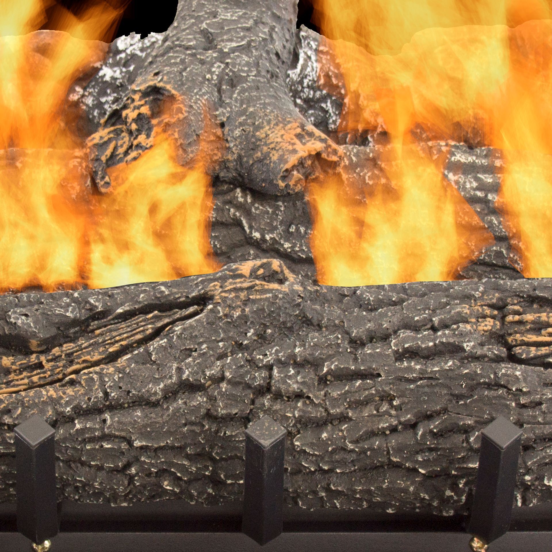 Fireplace with glowing orange flames and textured, faux wood logs.