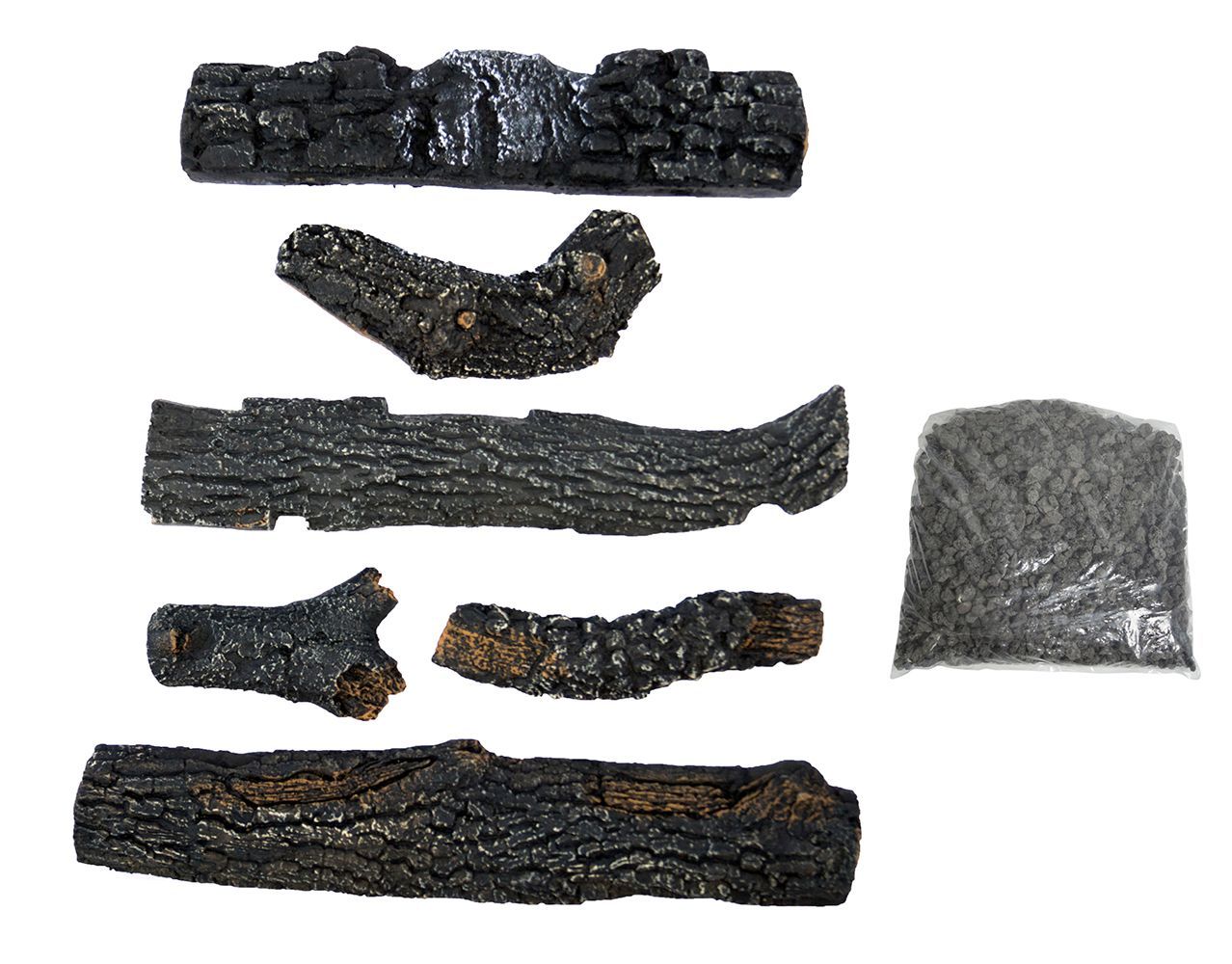 Realistic, dark faux fireplace logs and ember bed on white background.