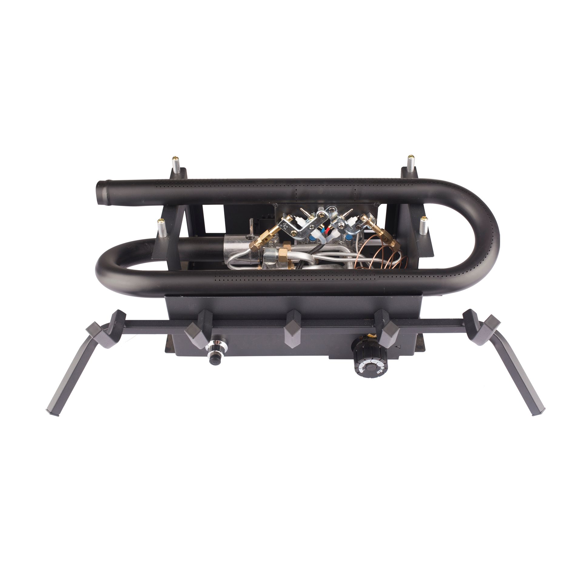 Black metal camp stove with curved burner, supported by four legs.