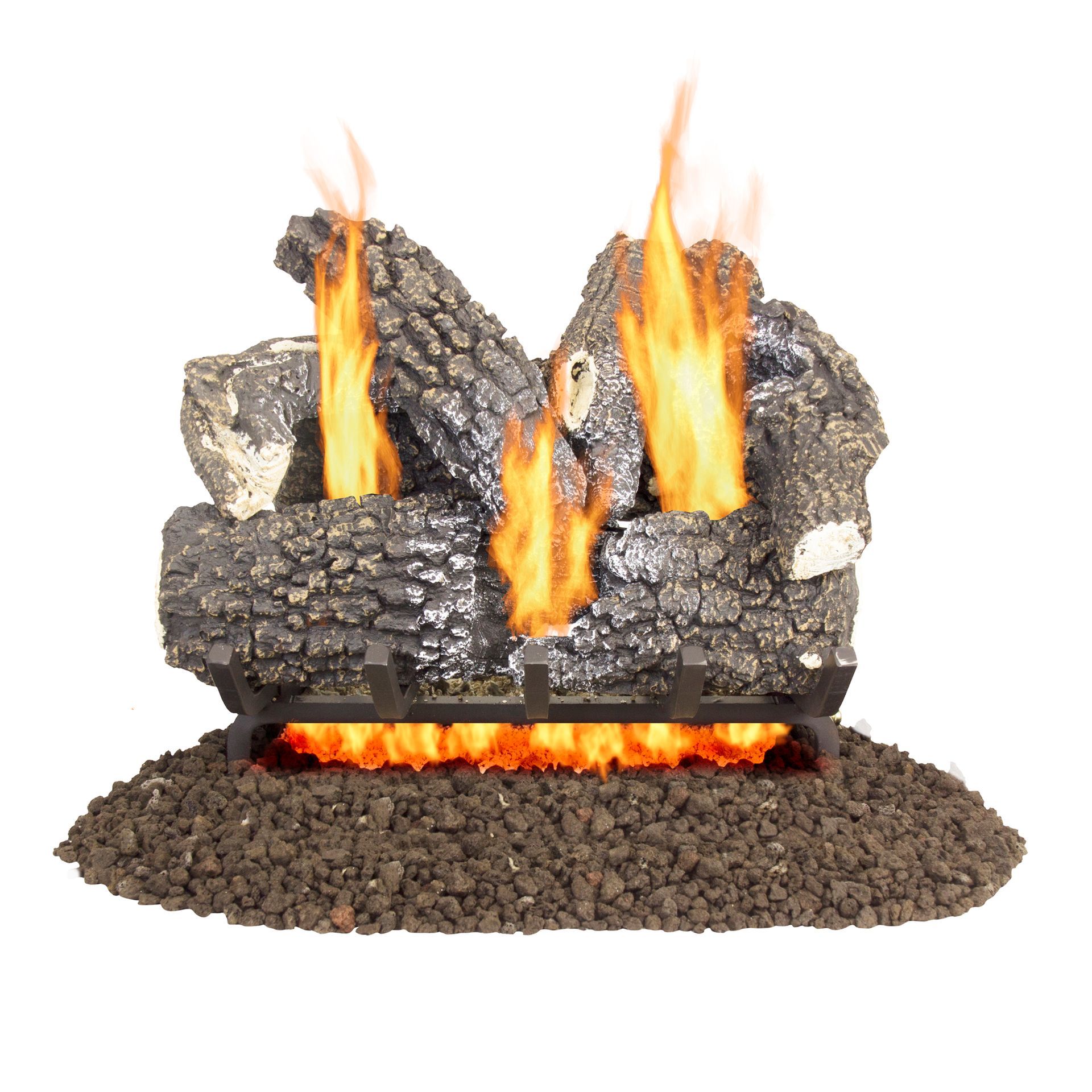 Gas fireplace logs with flames, set on a grate and black lava rocks.