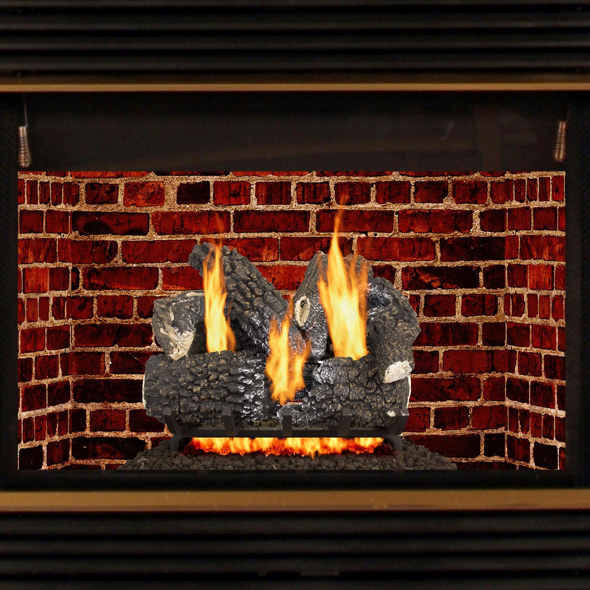 Fireplace with burning logs against a brick background.