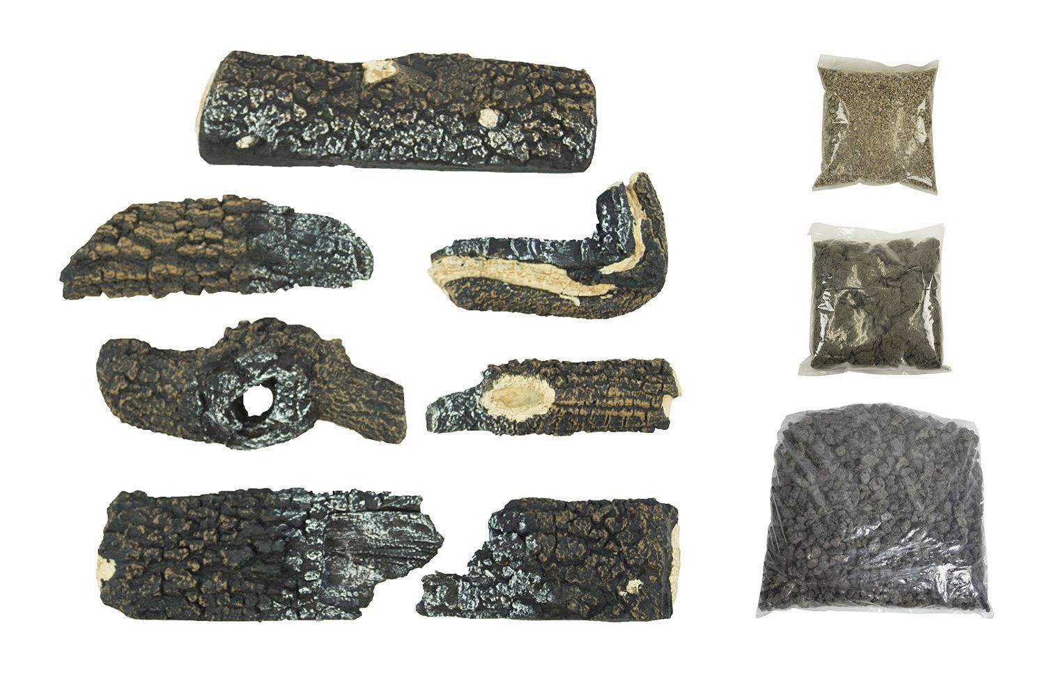 Charred wooden fragments and bags of dark granules, possibly charcoal.