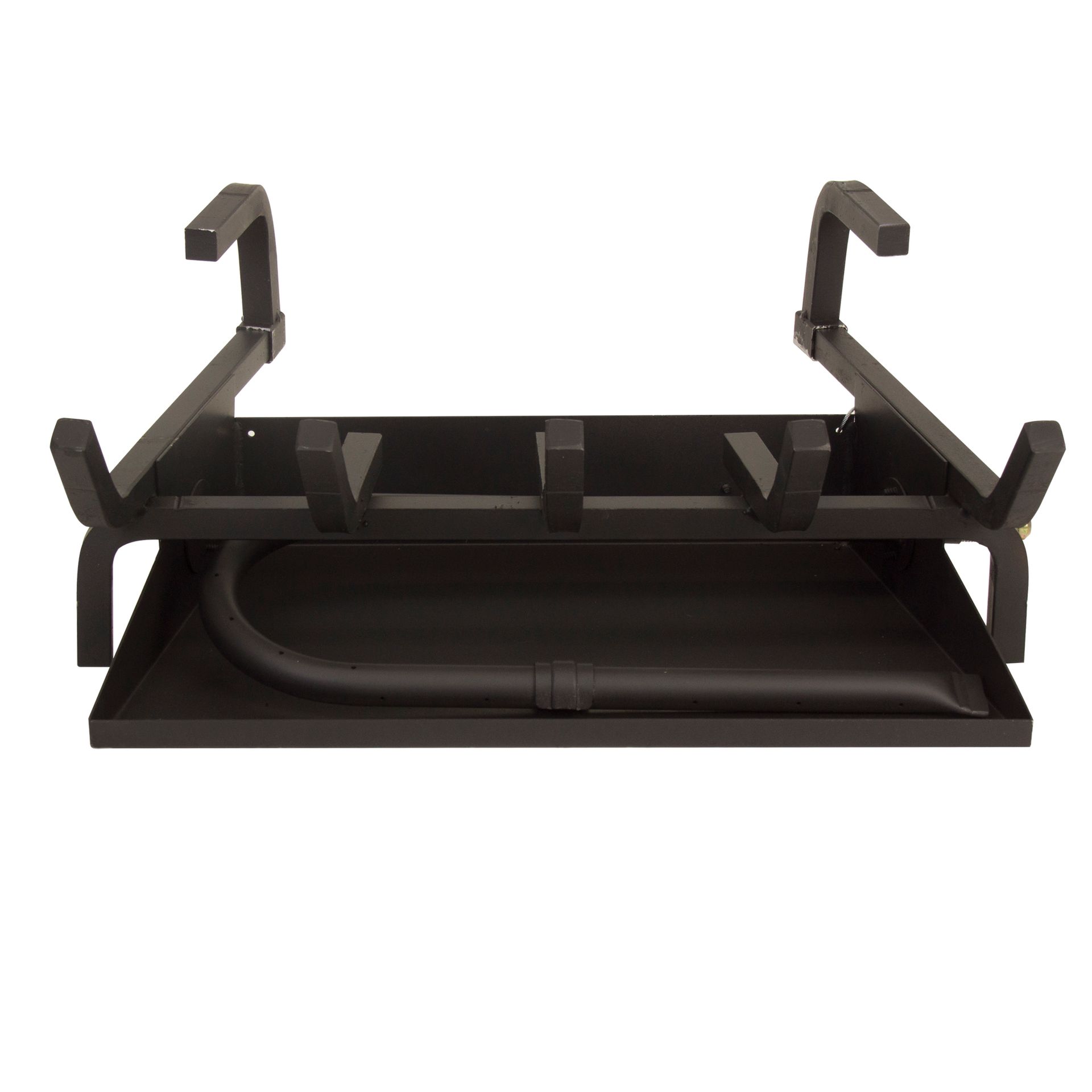 Black fireplace grate with raised handles, a log support, and an ash pan.