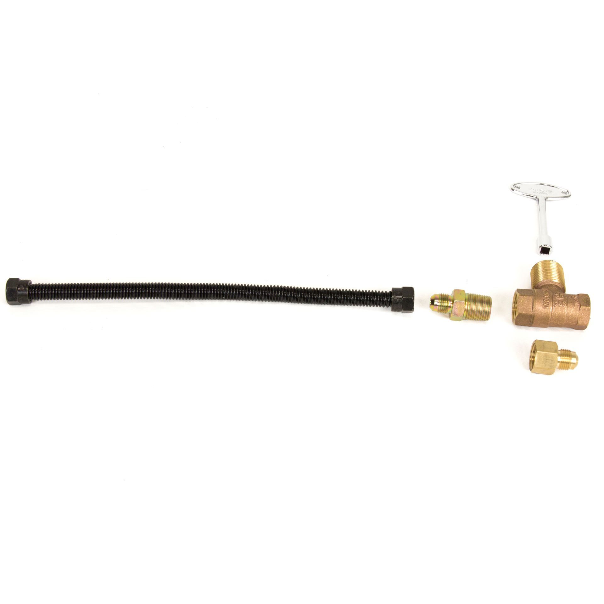Black flexible gas line, brass fittings, and a gas valve.