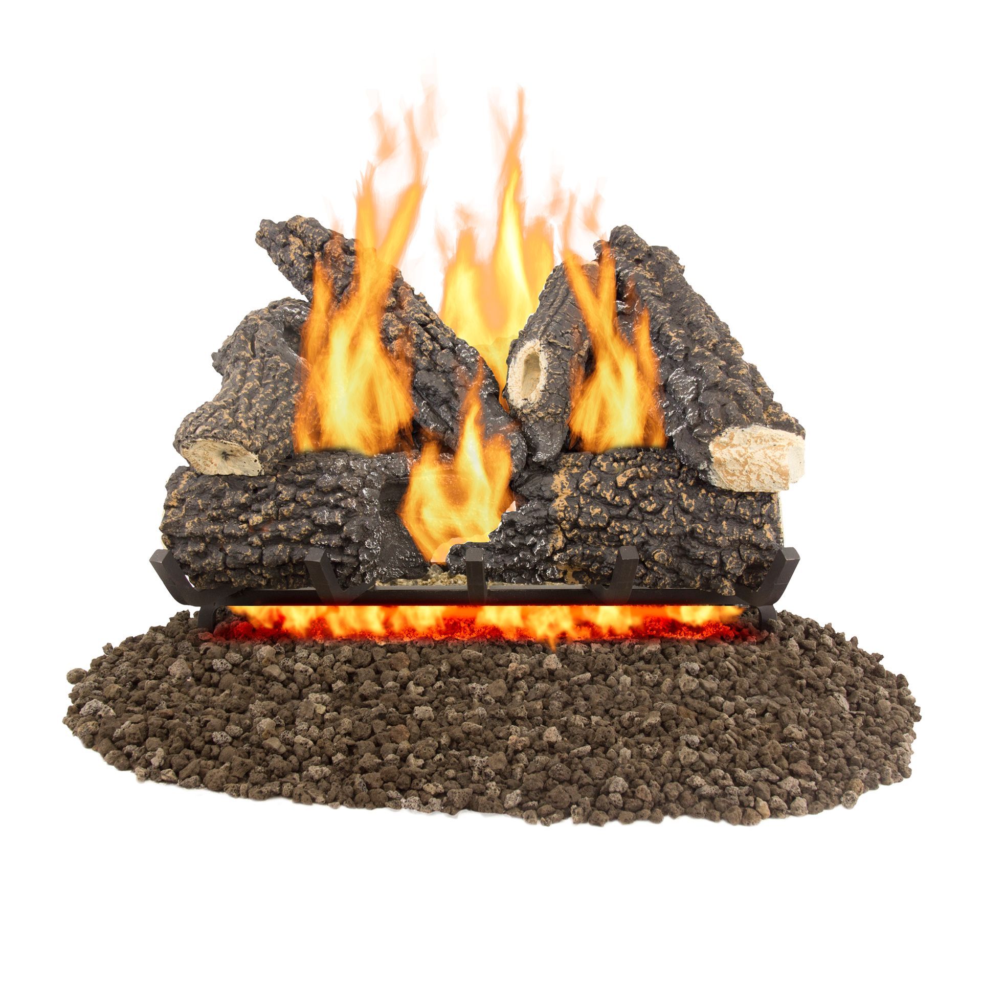 Gas fireplace logs with flames, surrounded by rocks.