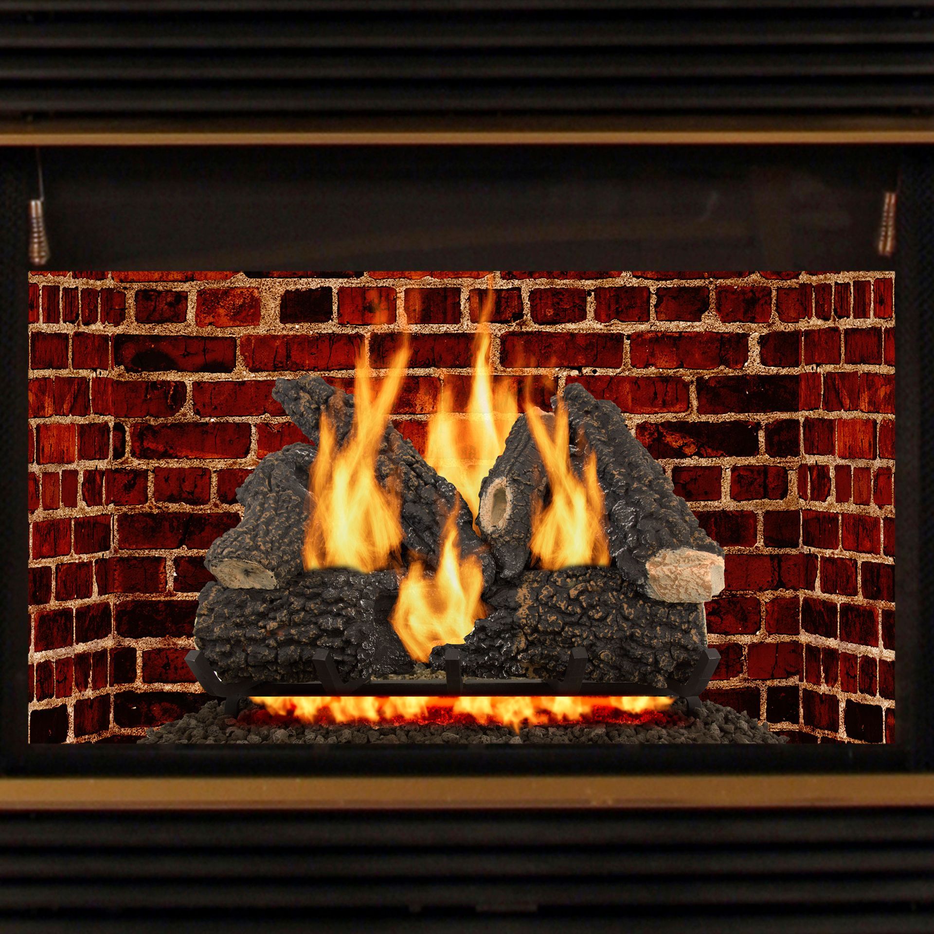 Fireplace with burning logs, brick backdrop, and golden flames.