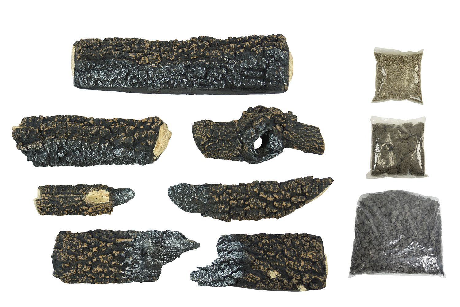 Various pieces of dark, textured wood and three bags of small, gray granules.