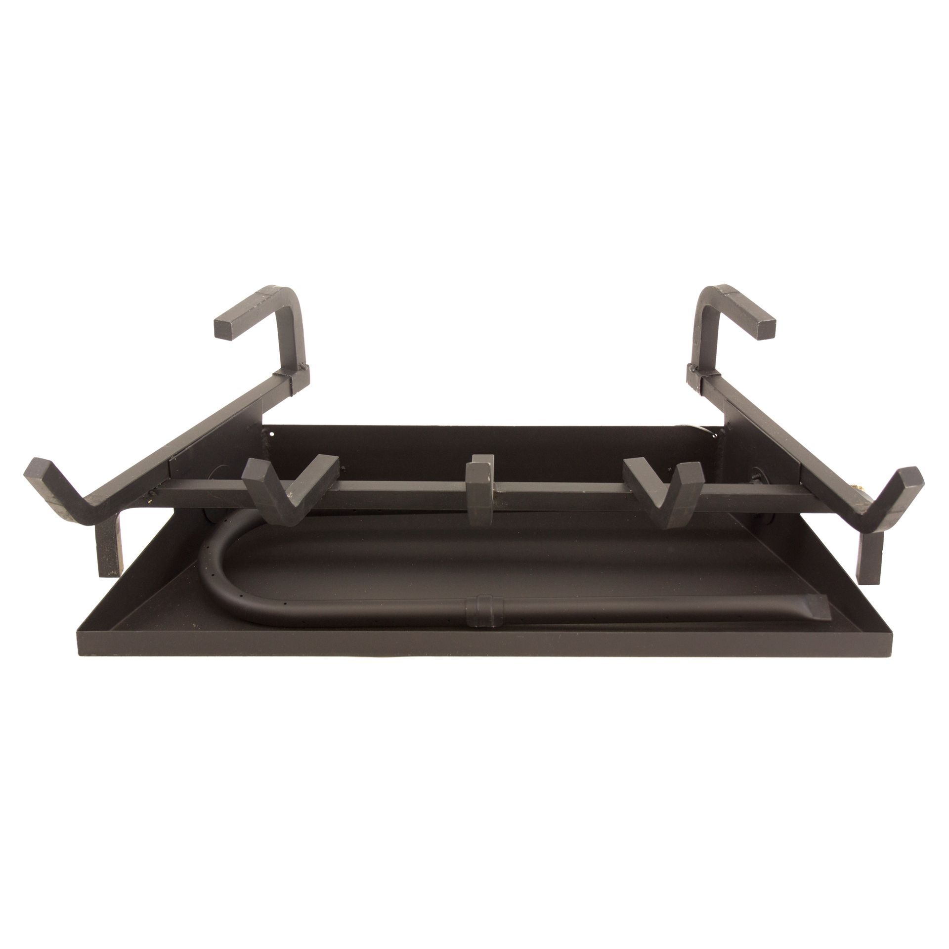 Dark metal fireplace grate with a rectangular base and curved support arms.