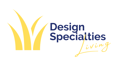 Logo for Design Specialties Living featuring yellow grass blades and text in blue and yellow.