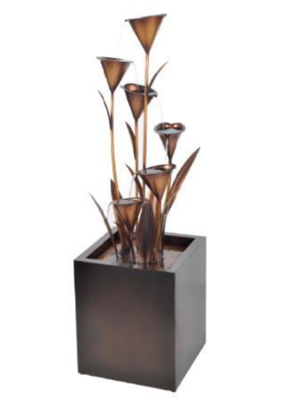 Bronze indoor water fountain with cascading water features and a dark wooden base.