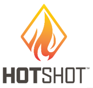 Logo for Hotshot, featuring a stylized flame within a diamond shape, with 