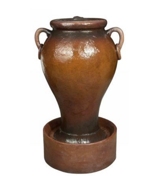 Brown ceramic water fountain in the shape of a vase, with water spilling into a round basin below.