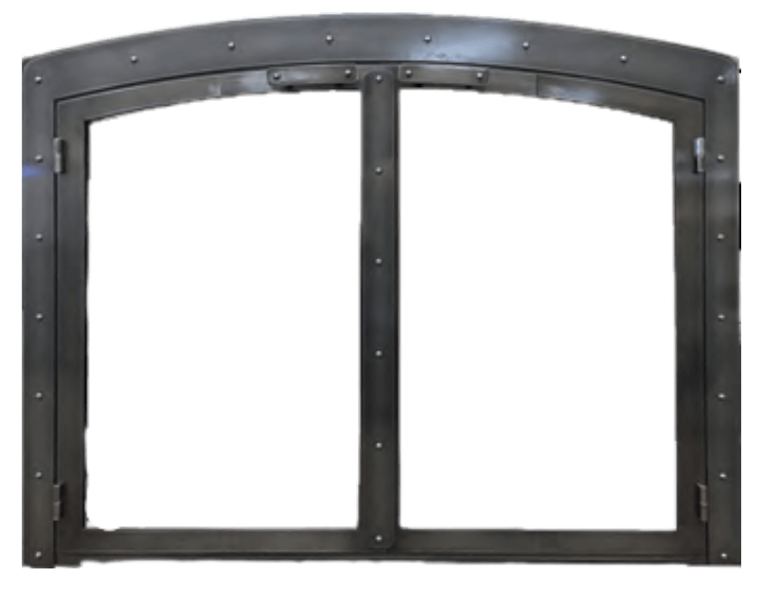 Arched steel fireplace door with rivets, two panes, and a dark metal finish.