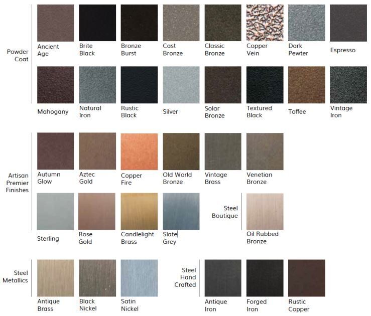 Color chart showing various metal finish options, including bronze, copper, and steel.