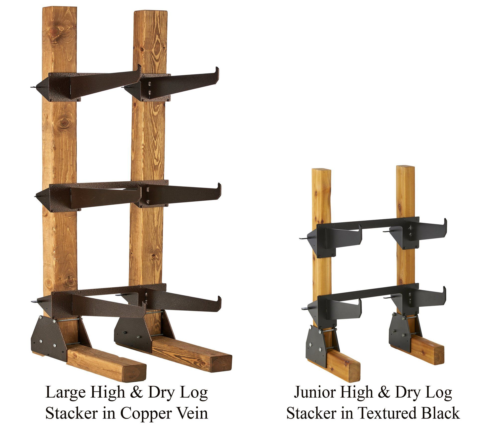 Two log stackers: large copper and junior black, on wooden posts.