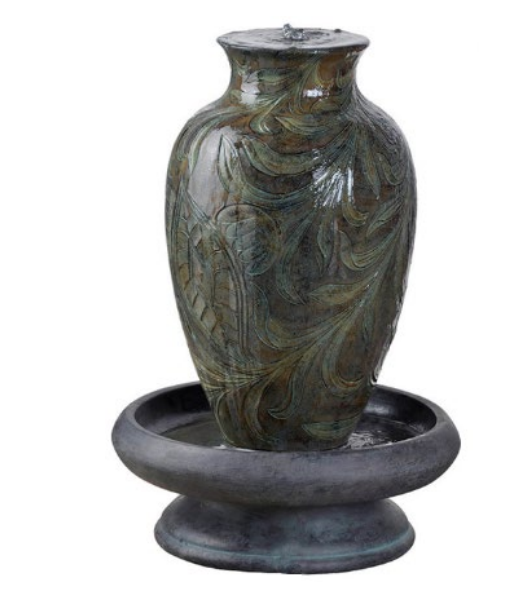 Decorative water fountain with swirling green and bronze finish, vase-like design.