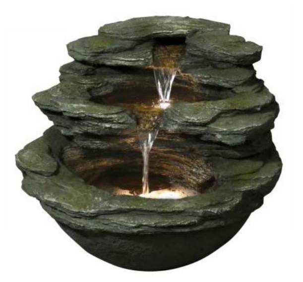 Stone-look tiered fountain with water cascading down; built-in lights illuminate the flowing water.