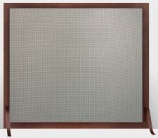 Brown framed fireplace screen with mesh insert and supporting feet.