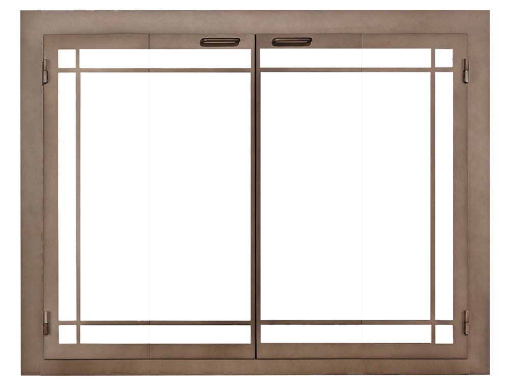 Double-door fireplace screen with a metal frame and clear glass panels.