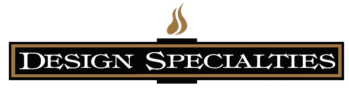 Logo of Design Specialties, black rectangle with gold frame, white text, gold flame icon above.