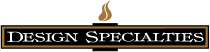 Logo of Design Specialties, with a torch icon above the company name in a brown and black rectangular frame.