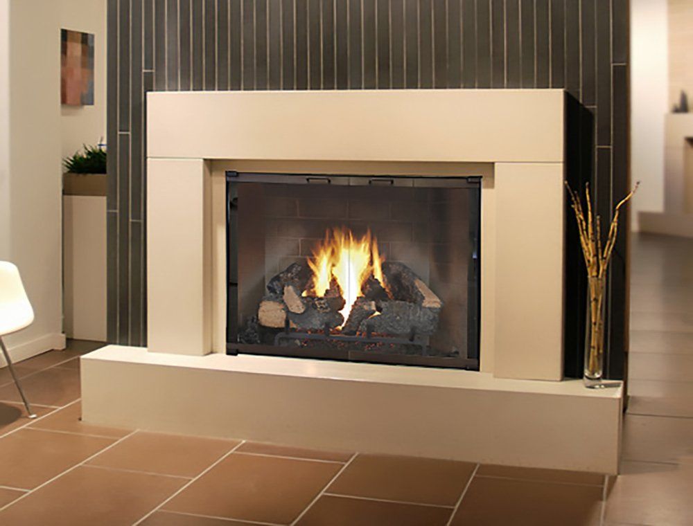 Modern fireplace with flames, beige surround, black mesh, brown tiled floor, gray wall.