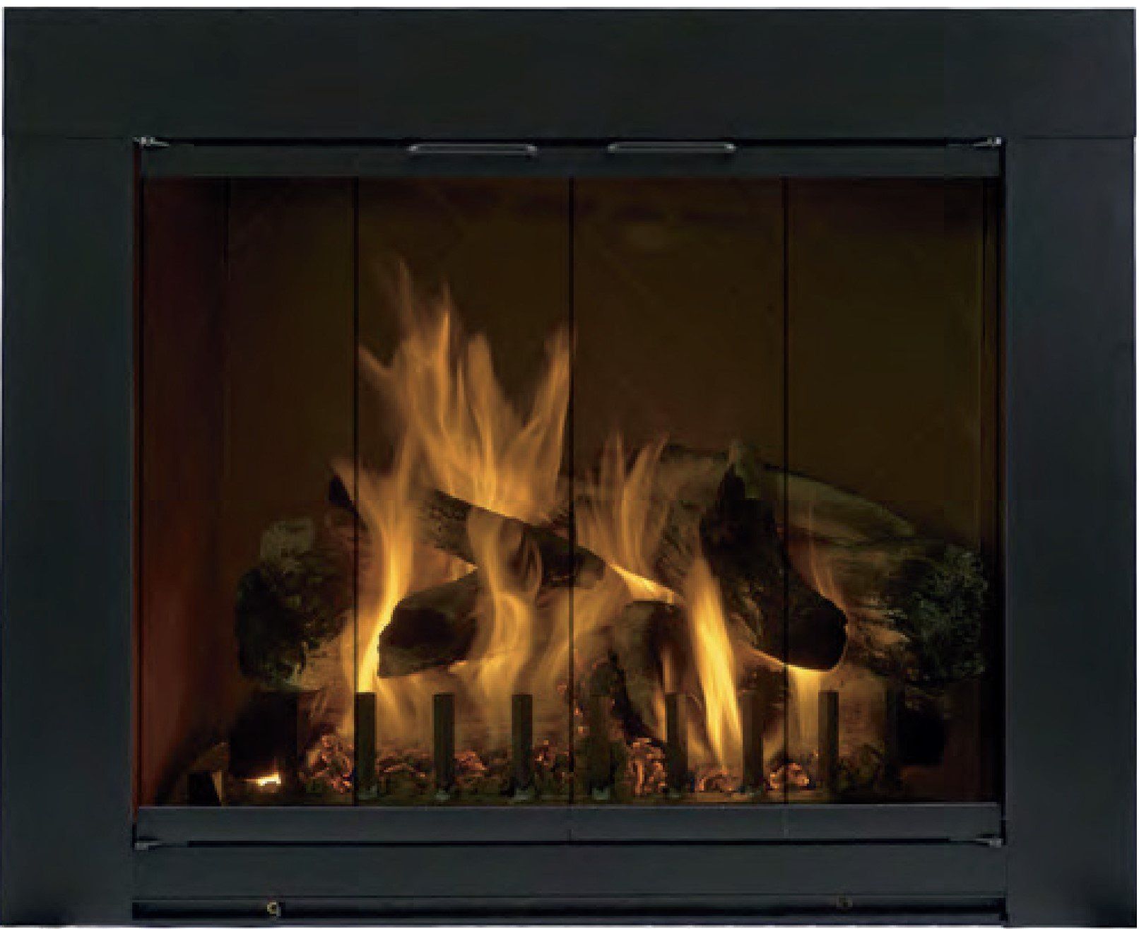 A fireplace with a black frame and glass doors, filled with burning logs and flames.
