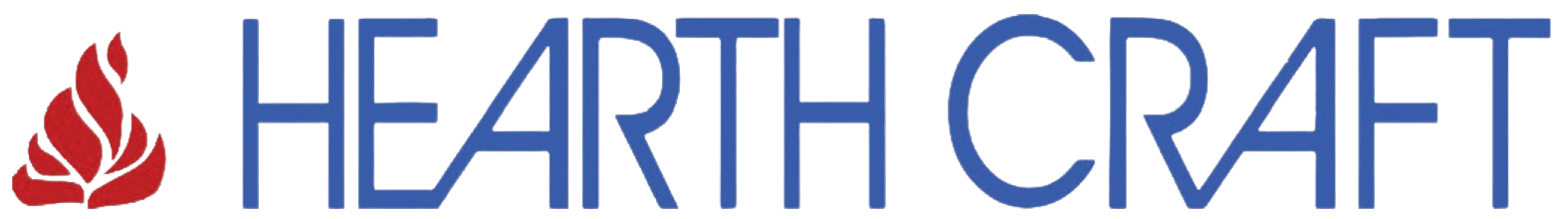 Logo for Hearth Craft. Red, flame-like graphic on the left, blue text on the right.