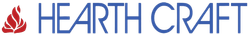 Logo for Hearth Craft. Red, flame-like graphic on the left, blue text on the right.