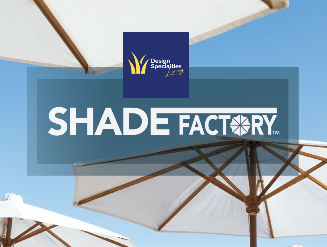 Shade Factory logo over umbrellas against a blue sky.