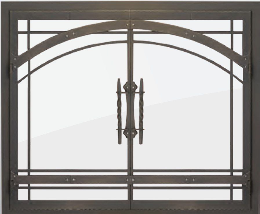 Double-door fireplace screen with arched top and decorative ironwork.