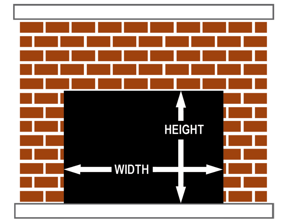 A brick fireplace opening with labeled width and height measurements.