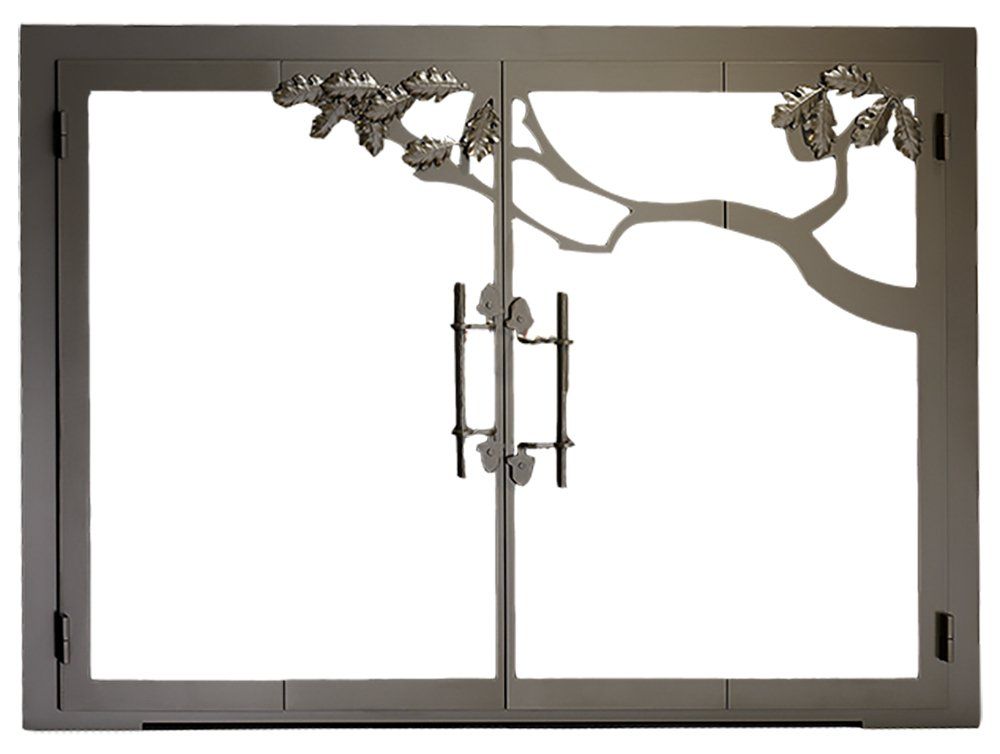 Metal fireplace screen with tree branch design, two doors with handles.