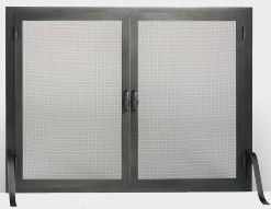 Charcoal-colored fireplace screen with two mesh doors, metal frame, and supporting feet.