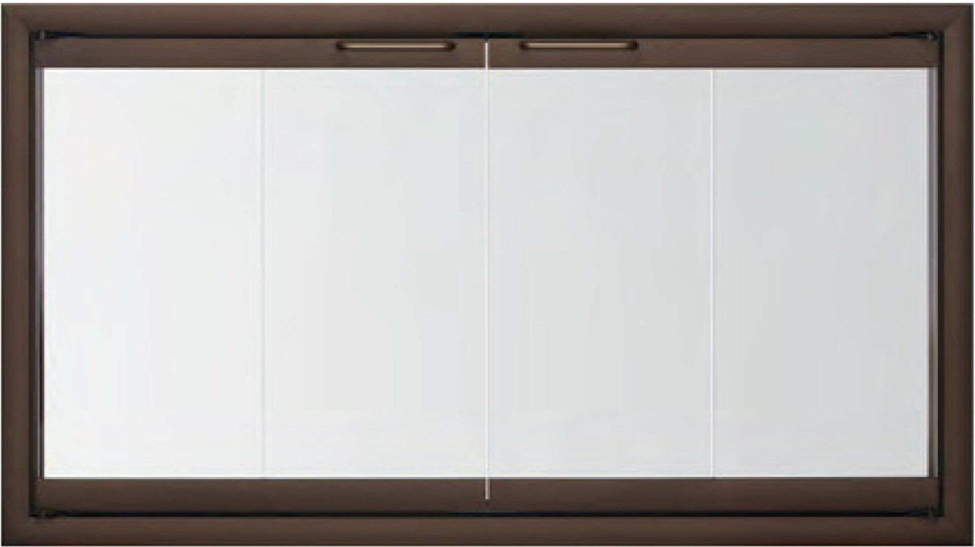 Bronze-framed fireplace glass doors with four clear glass panels and two brass handles.