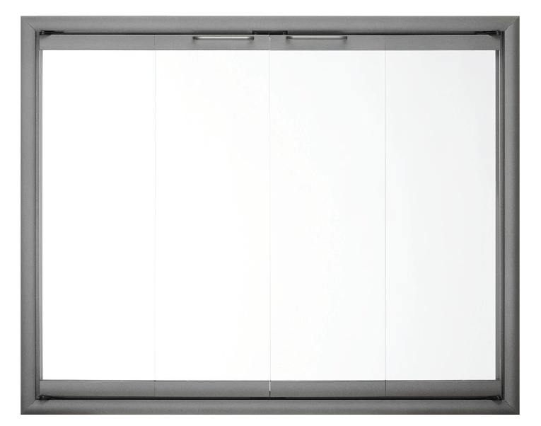 A rectangular fireplace glass door with a gray frame and three glass panels.