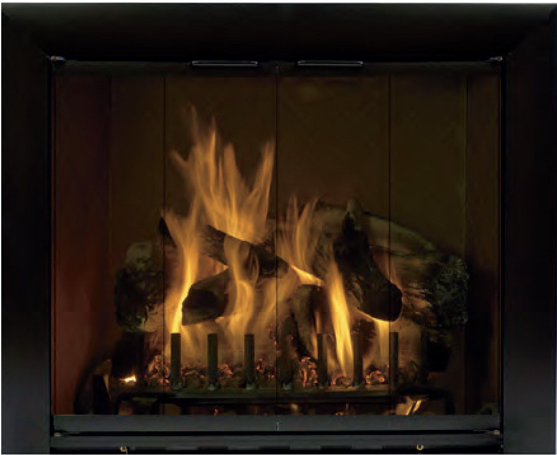 Fireplace with flames and logs behind glass doors.