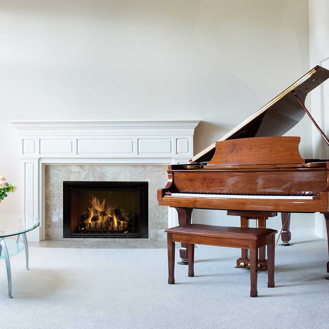 Living room with fireplace and grand piano. Beige walls, cream fireplace surround, and wooden piano.