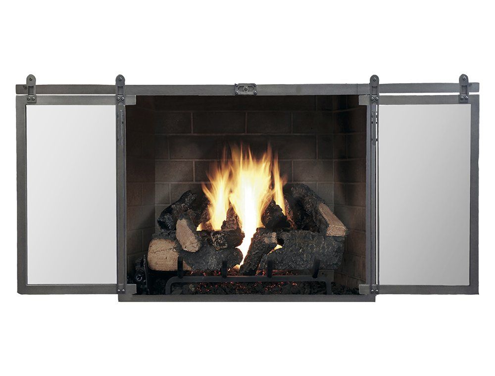 Fireplace with burning logs, flanked by two sliding glass doors on a metal frame.