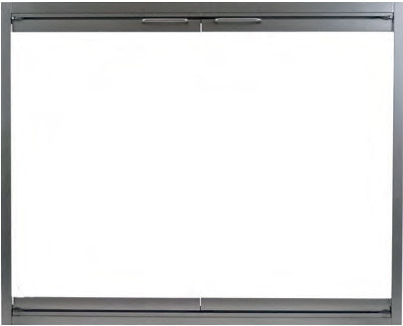 Silver-framed, glass fireplace screen with two top handles.