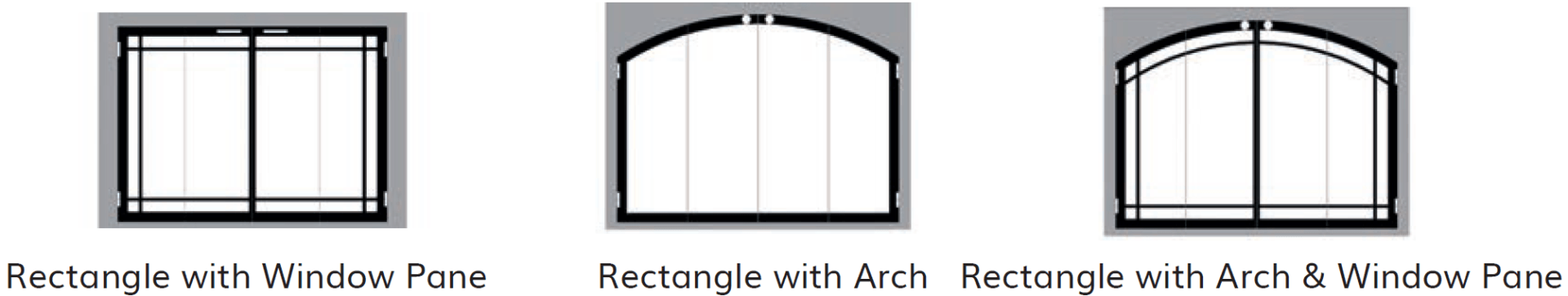 Diagram of three window types: Rectangle with Shadow Pans, Rectangle with Arch, and Rectangle with Arch & Window Pane.