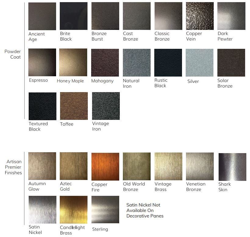 Color swatches: Powder coat and Artisan Premier finishes, including black, bronze, copper, silver, and gold shades.