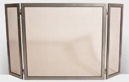 Tri-fold metal fireplace screen. The frame is dark, and the screen is light.