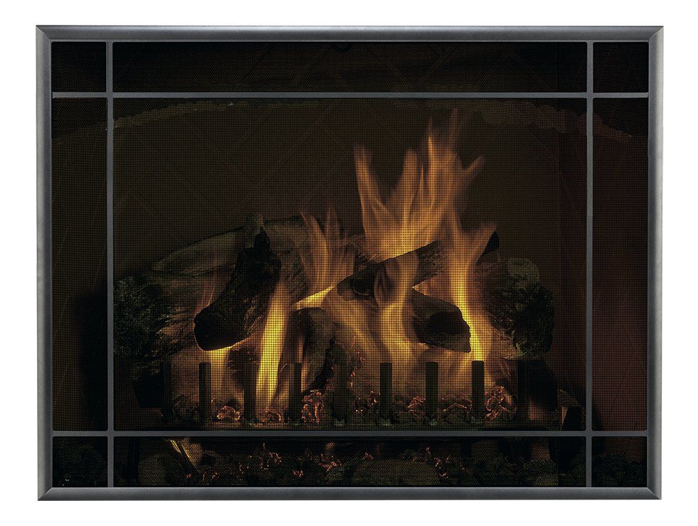 Fireplace with fire behind a black metal screen.