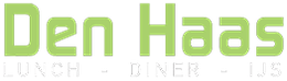 Logo voor Den Haas, met lichtgroene tekst en daaronder in witte letters "LUNCH - DINER - IJS".