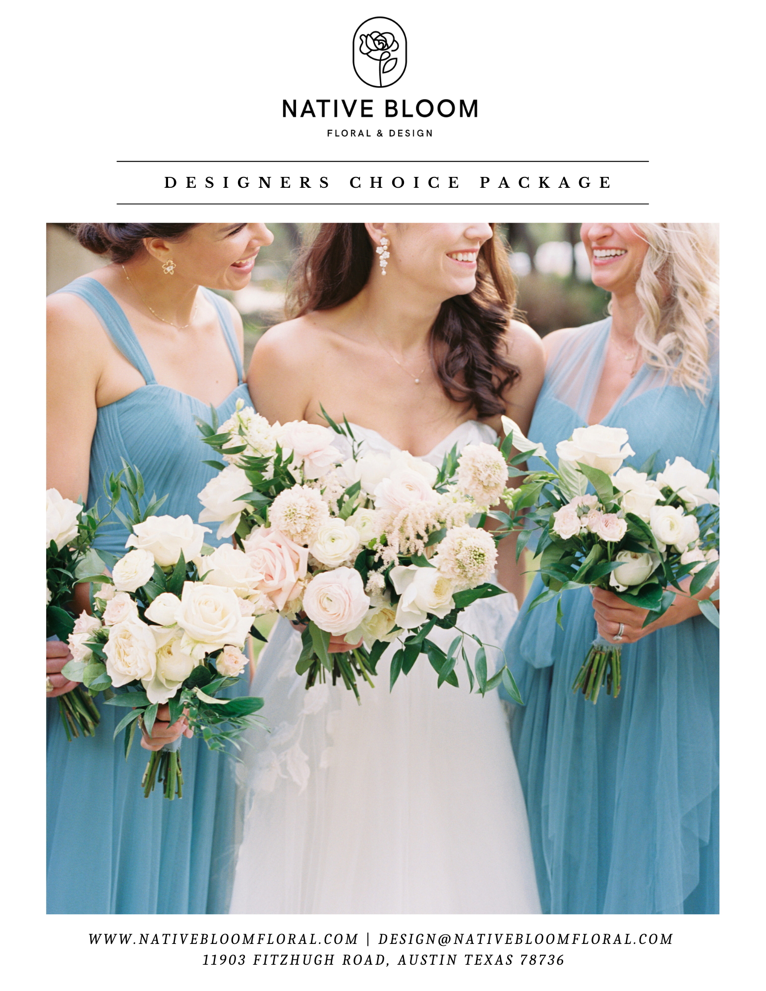 Bridal bouquet package ad with three women in blue dresses holding white and blush flower bouquets